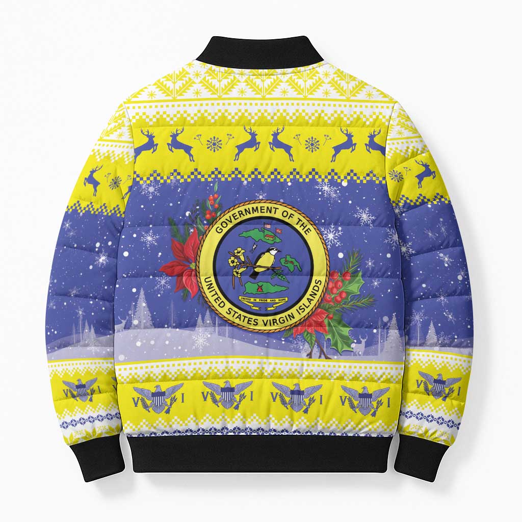 United States Virgin Islands Christmas Bomber Puffer Jacket Coat Of Arms With Poinsettia - Wonder Print Shop