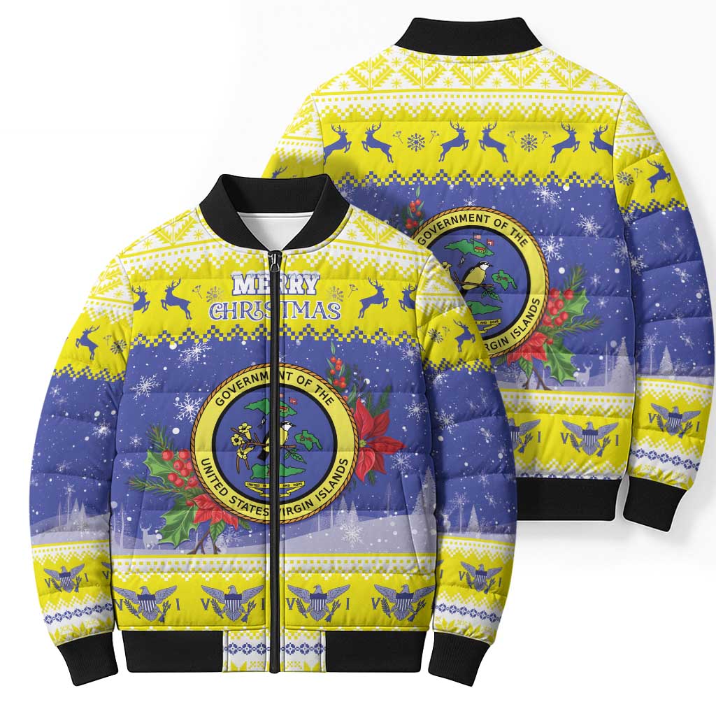 United States Virgin Islands Christmas Bomber Puffer Jacket Coat Of Arms With Poinsettia - Wonder Print Shop
