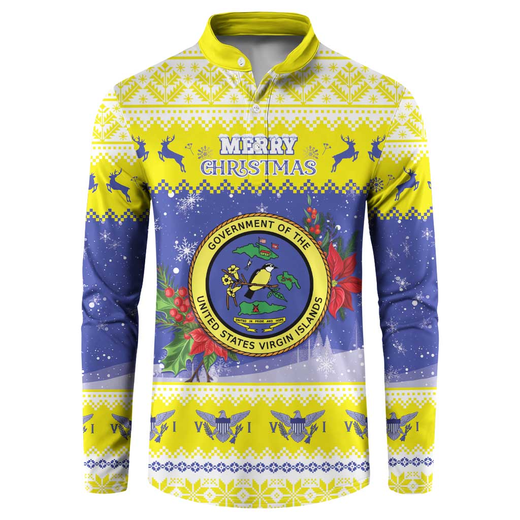 United States Virgin Islands Christmas Button Sweatshirt Coat Of Arms With Poinsettia - Wonder Print Shop