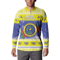 United States Virgin Islands Christmas Button Sweatshirt Coat Of Arms With Poinsettia - Wonder Print Shop