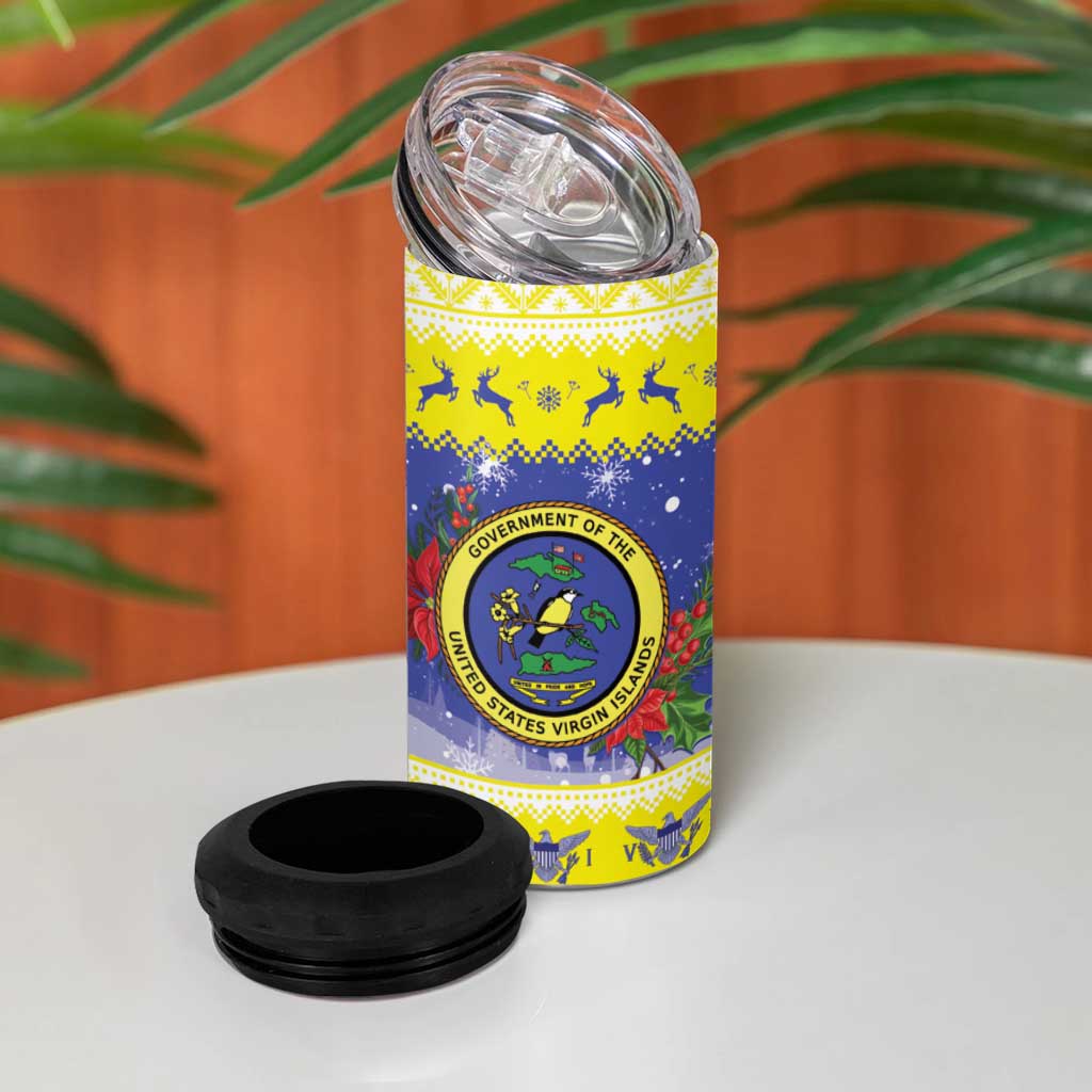 United States Virgin Islands Christmas 4 in 1 Can Cooler Tumbler Coat Of Arms With Poinsettia - Wonder Print Shop