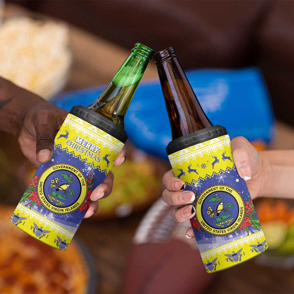 United States Virgin Islands Christmas 4 in 1 Can Cooler Tumbler Coat Of Arms With Poinsettia - Wonder Print Shop