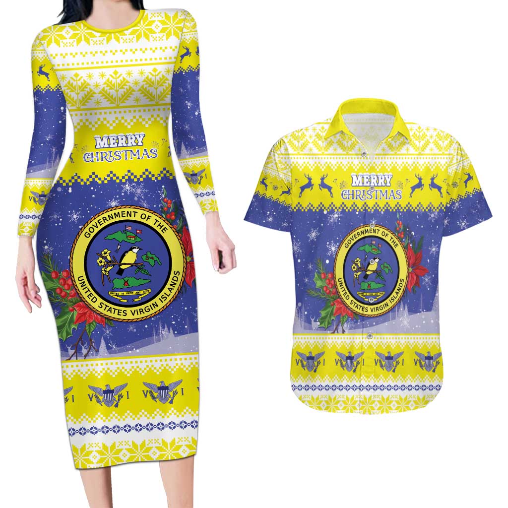 United States Virgin Islands Christmas Couples Matching Long Sleeve Bodycon Dress and Hawaiian Shirt Coat Of Arms With Poinsettia - Wonder Print Shop