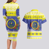 United States Virgin Islands Christmas Couples Matching Long Sleeve Bodycon Dress and Hawaiian Shirt Coat Of Arms With Poinsettia - Wonder Print Shop