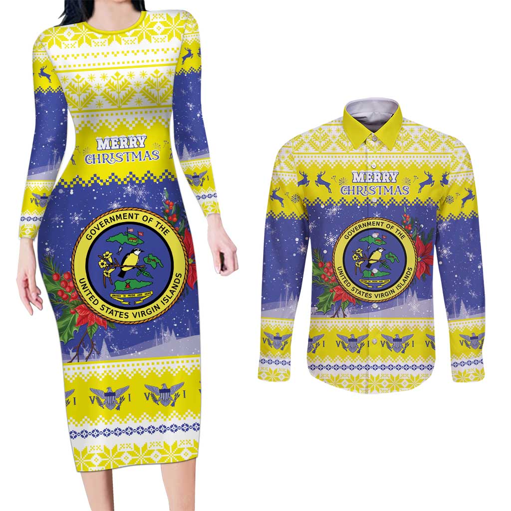 United States Virgin Islands Christmas Couples Matching Long Sleeve Bodycon Dress and Long Sleeve Button Shirt Coat Of Arms With Poinsettia - Wonder Print Shop