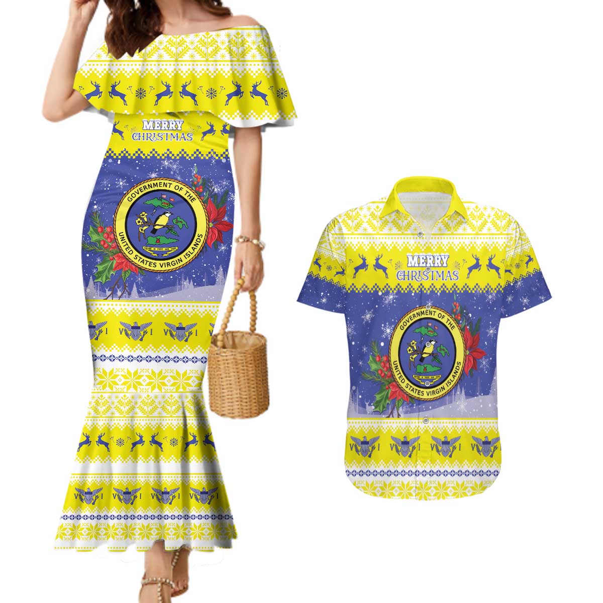 United States Virgin Islands Christmas Couples Matching Mermaid Dress and Hawaiian Shirt Coat Of Arms With Poinsettia - Wonder Print Shop