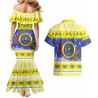 United States Virgin Islands Christmas Couples Matching Mermaid Dress and Hawaiian Shirt Coat Of Arms With Poinsettia - Wonder Print Shop