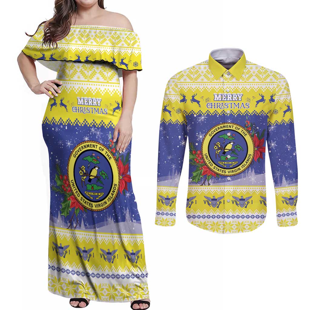 United States Virgin Islands Christmas Couples Matching Off Shoulder Maxi Dress and Long Sleeve Button Shirt Coat Of Arms With Poinsettia - Wonder Print Shop