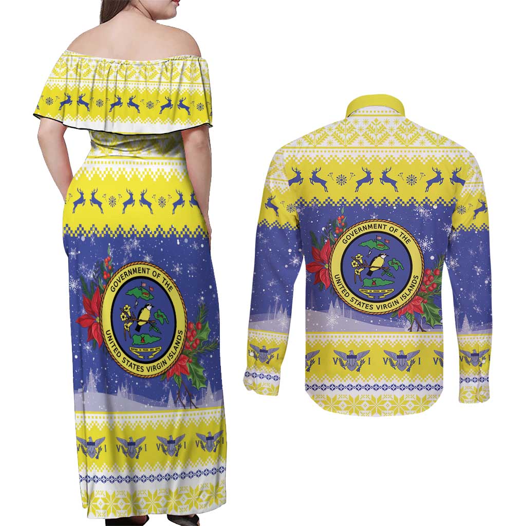 United States Virgin Islands Christmas Couples Matching Off Shoulder Maxi Dress and Long Sleeve Button Shirt Coat Of Arms With Poinsettia - Wonder Print Shop