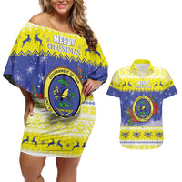 United States Virgin Islands Christmas Couples Matching Off Shoulder Short Dress and Hawaiian Shirt Coat Of Arms With Poinsettia - Wonder Print Shop