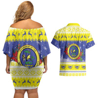 United States Virgin Islands Christmas Couples Matching Off Shoulder Short Dress and Hawaiian Shirt Coat Of Arms With Poinsettia - Wonder Print Shop