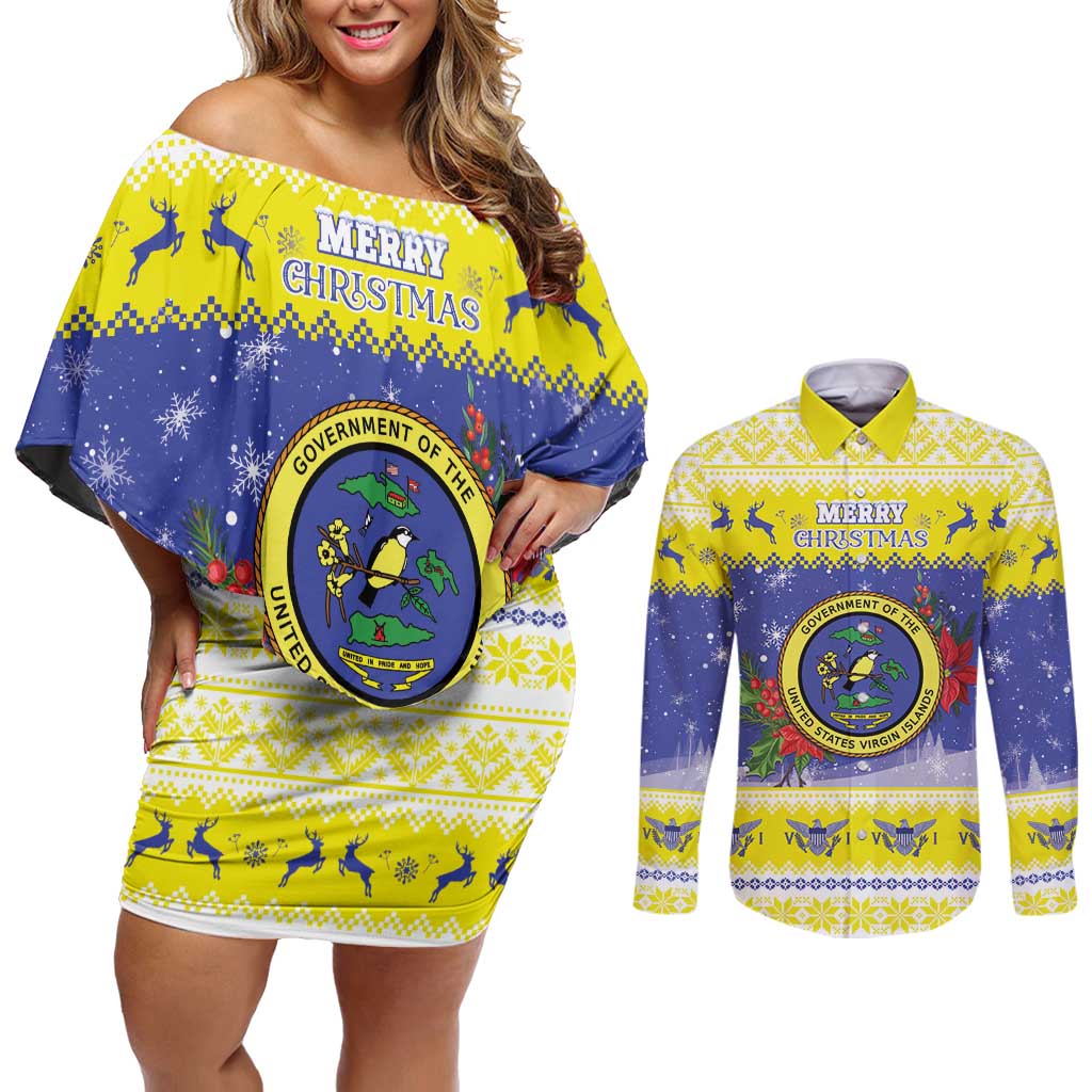 United States Virgin Islands Christmas Couples Matching Off Shoulder Short Dress and Long Sleeve Button Shirt Coat Of Arms With Poinsettia - Wonder Print Shop