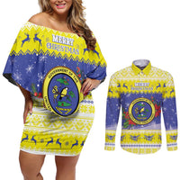 United States Virgin Islands Christmas Couples Matching Off Shoulder Short Dress and Long Sleeve Button Shirt Coat Of Arms With Poinsettia - Wonder Print Shop