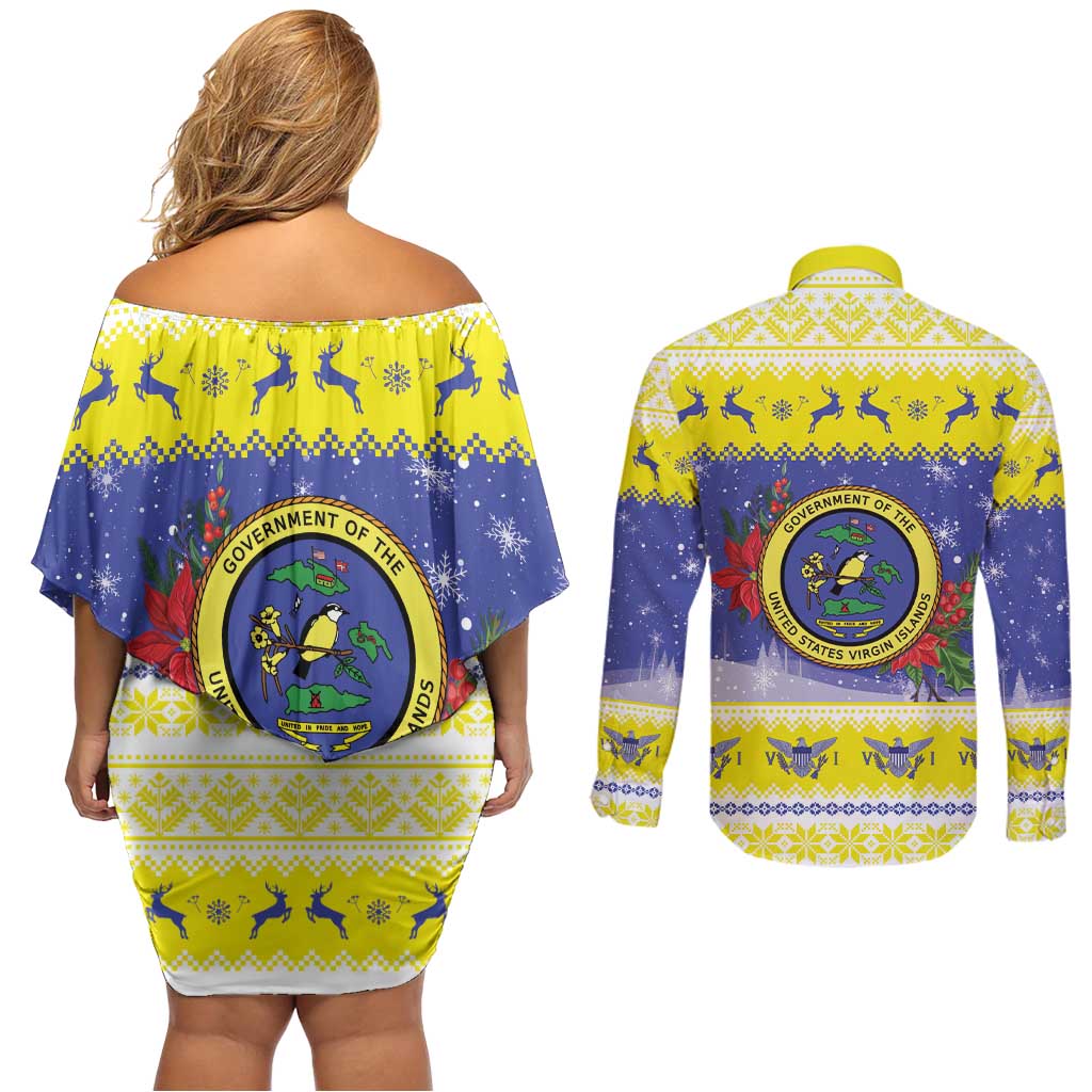 United States Virgin Islands Christmas Couples Matching Off Shoulder Short Dress and Long Sleeve Button Shirt Coat Of Arms With Poinsettia - Wonder Print Shop