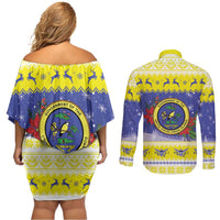 United States Virgin Islands Christmas Couples Matching Off Shoulder Short Dress and Long Sleeve Button Shirt Coat Of Arms With Poinsettia - Wonder Print Shop
