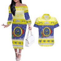 United States Virgin Islands Christmas Couples Matching Off The Shoulder Long Sleeve Dress and Hawaiian Shirt Coat Of Arms With Poinsettia - Wonder Print Shop