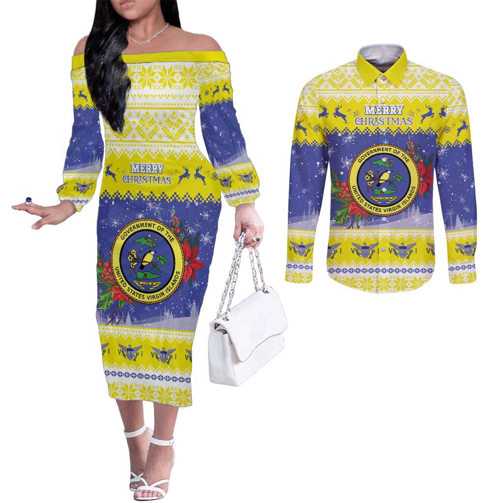 United States Virgin Islands Christmas Couples Matching Off The Shoulder Long Sleeve Dress and Long Sleeve Button Shirt Coat Of Arms With Poinsettia - Wonder Print Shop
