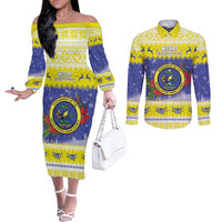 United States Virgin Islands Christmas Couples Matching Off The Shoulder Long Sleeve Dress and Long Sleeve Button Shirt Coat Of Arms With Poinsettia - Wonder Print Shop