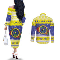 United States Virgin Islands Christmas Couples Matching Off The Shoulder Long Sleeve Dress and Long Sleeve Button Shirt Coat Of Arms With Poinsettia - Wonder Print Shop