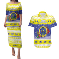 United States Virgin Islands Christmas Couples Matching Puletasi and Hawaiian Shirt Coat Of Arms With Poinsettia - Wonder Print Shop