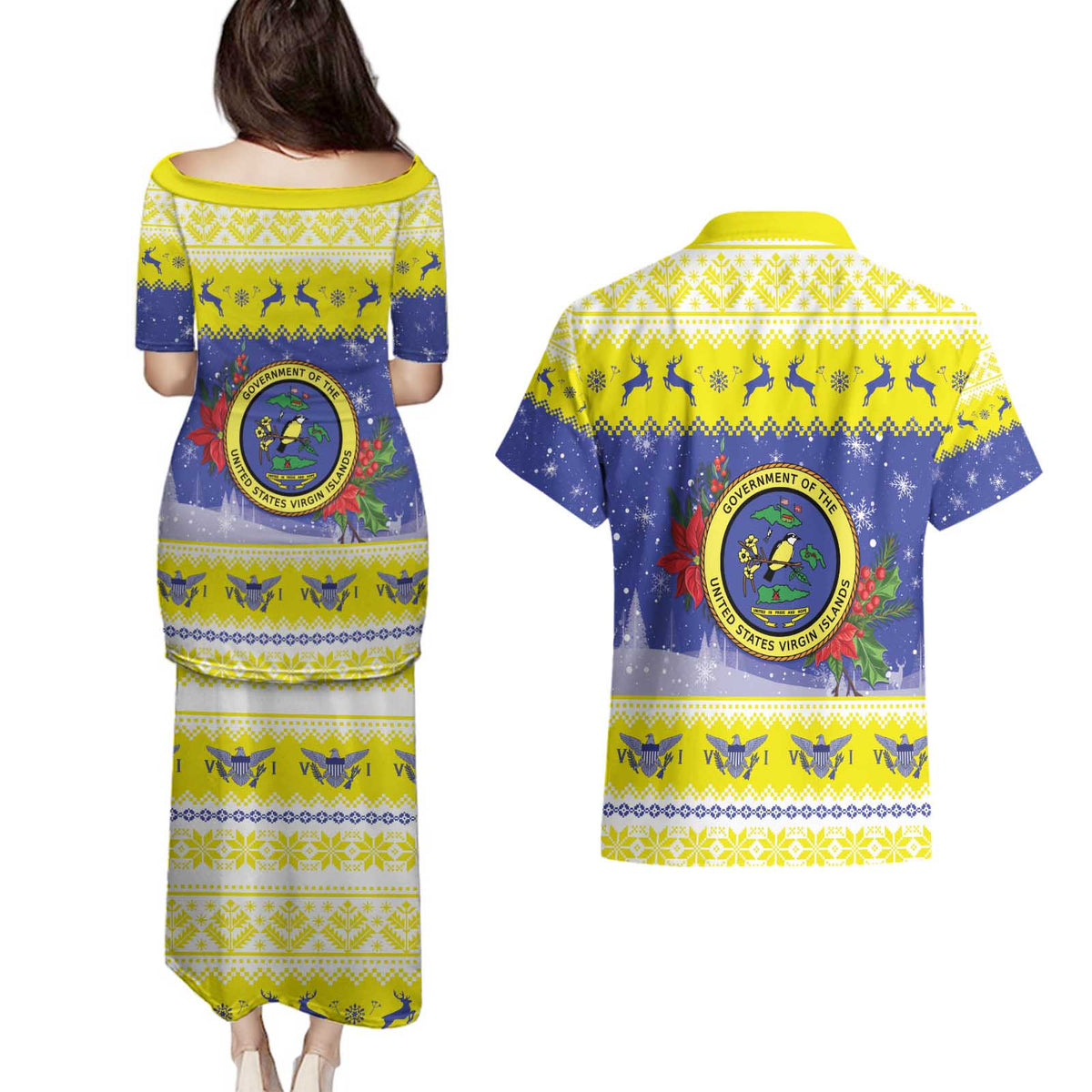 United States Virgin Islands Christmas Couples Matching Puletasi and Hawaiian Shirt Coat Of Arms With Poinsettia - Wonder Print Shop