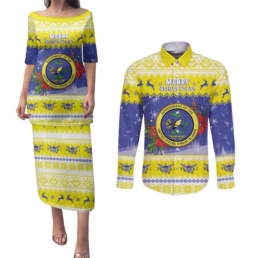 United States Virgin Islands Christmas Couples Matching Puletasi and Long Sleeve Button Shirt Coat Of Arms With Poinsettia - Wonder Print Shop