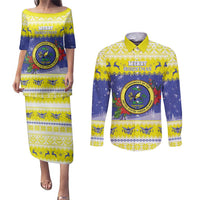 United States Virgin Islands Christmas Couples Matching Puletasi and Long Sleeve Button Shirt Coat Of Arms With Poinsettia - Wonder Print Shop