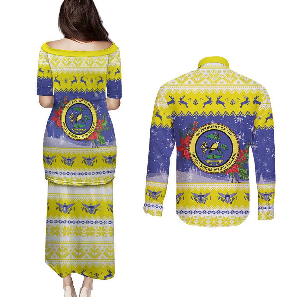 United States Virgin Islands Christmas Couples Matching Puletasi and Long Sleeve Button Shirt Coat Of Arms With Poinsettia - Wonder Print Shop