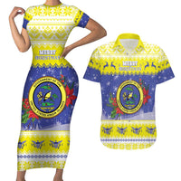 United States Virgin Islands Christmas Couples Matching Short Sleeve Bodycon Dress and Hawaiian Shirt Coat Of Arms With Poinsettia - Wonder Print Shop