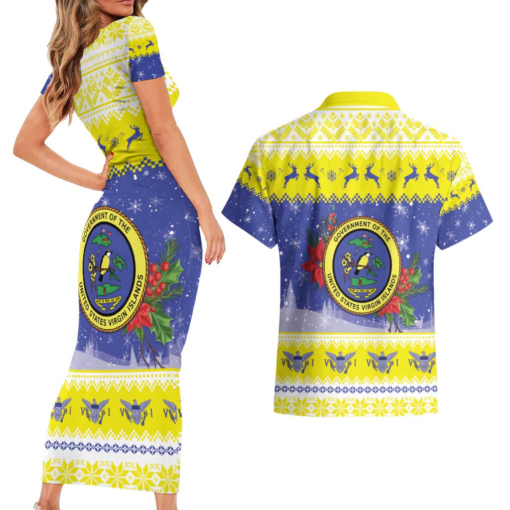 United States Virgin Islands Christmas Couples Matching Short Sleeve Bodycon Dress and Hawaiian Shirt Coat Of Arms With Poinsettia - Wonder Print Shop