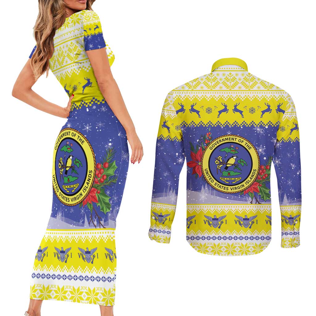 United States Virgin Islands Christmas Couples Matching Short Sleeve Bodycon Dress and Long Sleeve Button Shirt Coat Of Arms With Poinsettia - Wonder Print Shop
