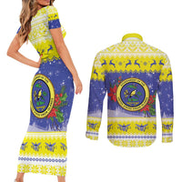 United States Virgin Islands Christmas Couples Matching Short Sleeve Bodycon Dress and Long Sleeve Button Shirt Coat Of Arms With Poinsettia - Wonder Print Shop