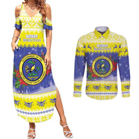 United States Virgin Islands Christmas Couples Matching Summer Maxi Dress and Long Sleeve Button Shirt Coat Of Arms With Poinsettia - Wonder Print Shop