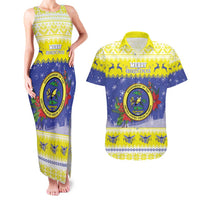 United States Virgin Islands Christmas Couples Matching Tank Maxi Dress and Hawaiian Shirt Coat Of Arms With Poinsettia - Wonder Print Shop