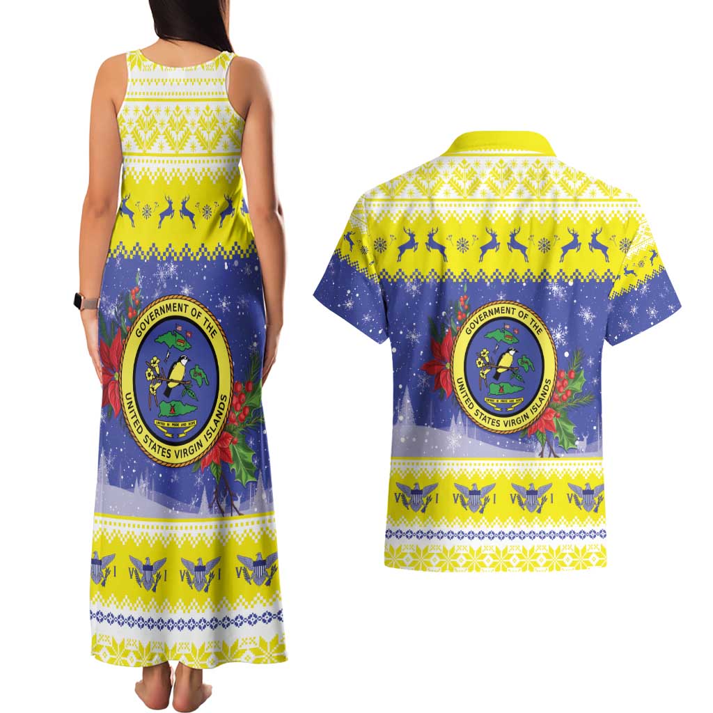 United States Virgin Islands Christmas Couples Matching Tank Maxi Dress and Hawaiian Shirt Coat Of Arms With Poinsettia - Wonder Print Shop