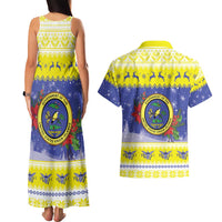 United States Virgin Islands Christmas Couples Matching Tank Maxi Dress and Hawaiian Shirt Coat Of Arms With Poinsettia - Wonder Print Shop