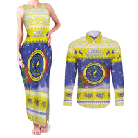 United States Virgin Islands Christmas Couples Matching Tank Maxi Dress and Long Sleeve Button Shirt Coat Of Arms With Poinsettia - Wonder Print Shop