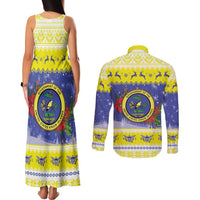 United States Virgin Islands Christmas Couples Matching Tank Maxi Dress and Long Sleeve Button Shirt Coat Of Arms With Poinsettia - Wonder Print Shop