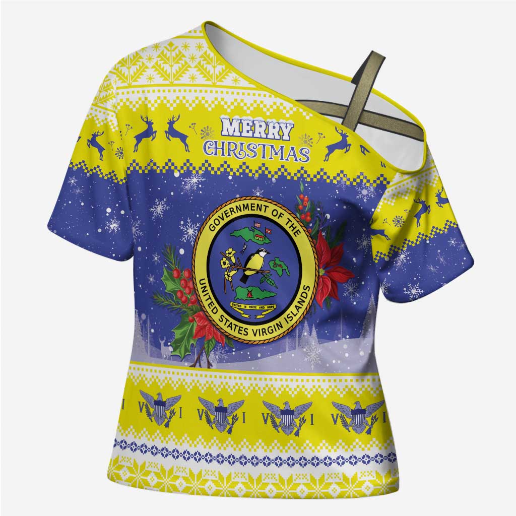 United States Virgin Islands Christmas Cross Shoulder Shirt Coat Of Arms With Poinsettia - Wonder Print Shop