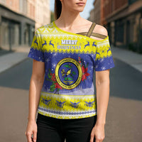 United States Virgin Islands Christmas Cross Shoulder Shirt Coat Of Arms With Poinsettia - Wonder Print Shop