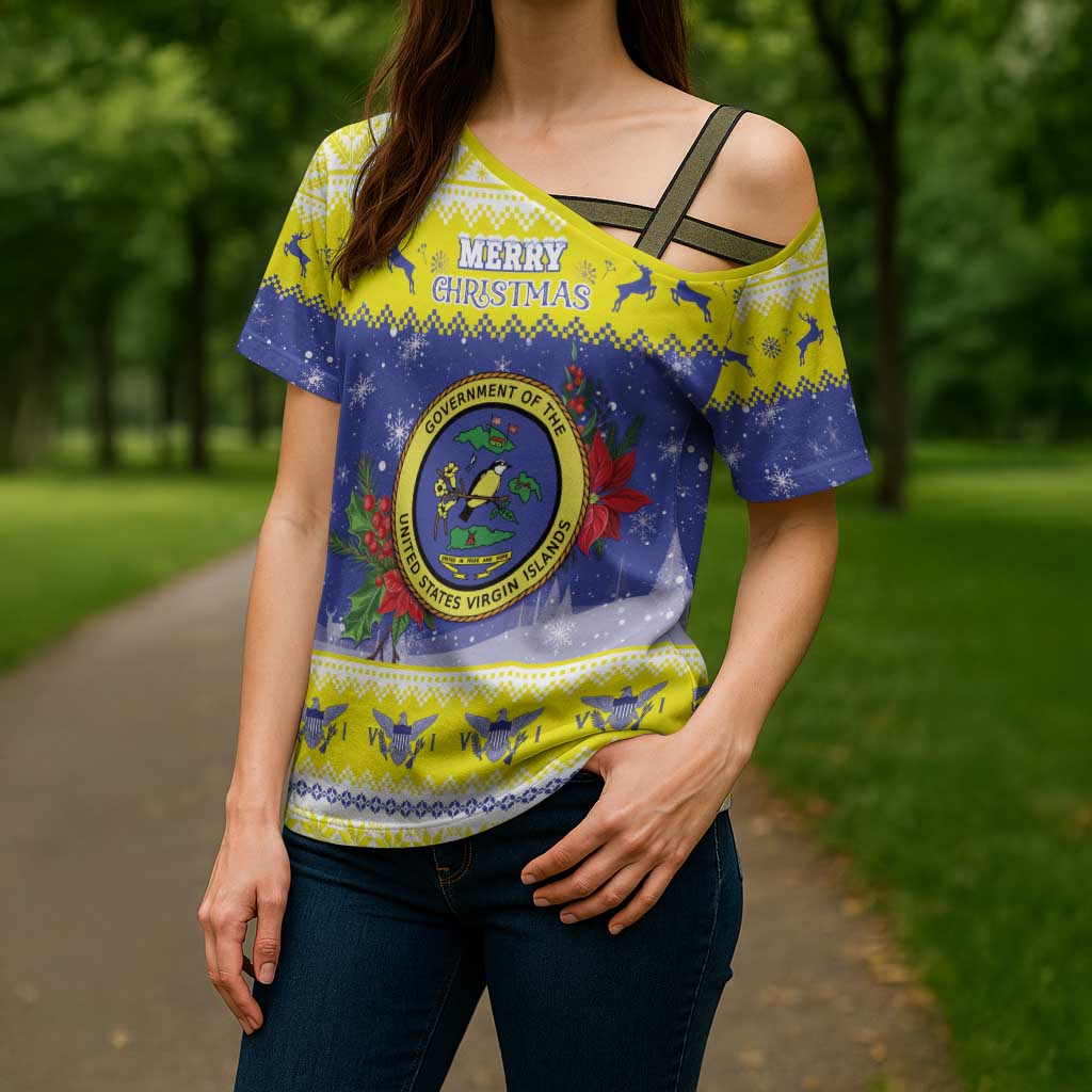 United States Virgin Islands Christmas Cross Shoulder Shirt Coat Of Arms With Poinsettia - Wonder Print Shop