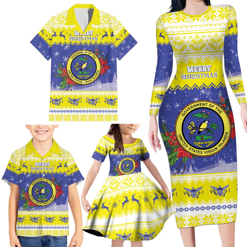 United States Virgin Islands Christmas Family Matching Long Sleeve Bodycon Dress and Hawaiian Shirt Coat Of Arms With Poinsettia - Wonder Print Shop