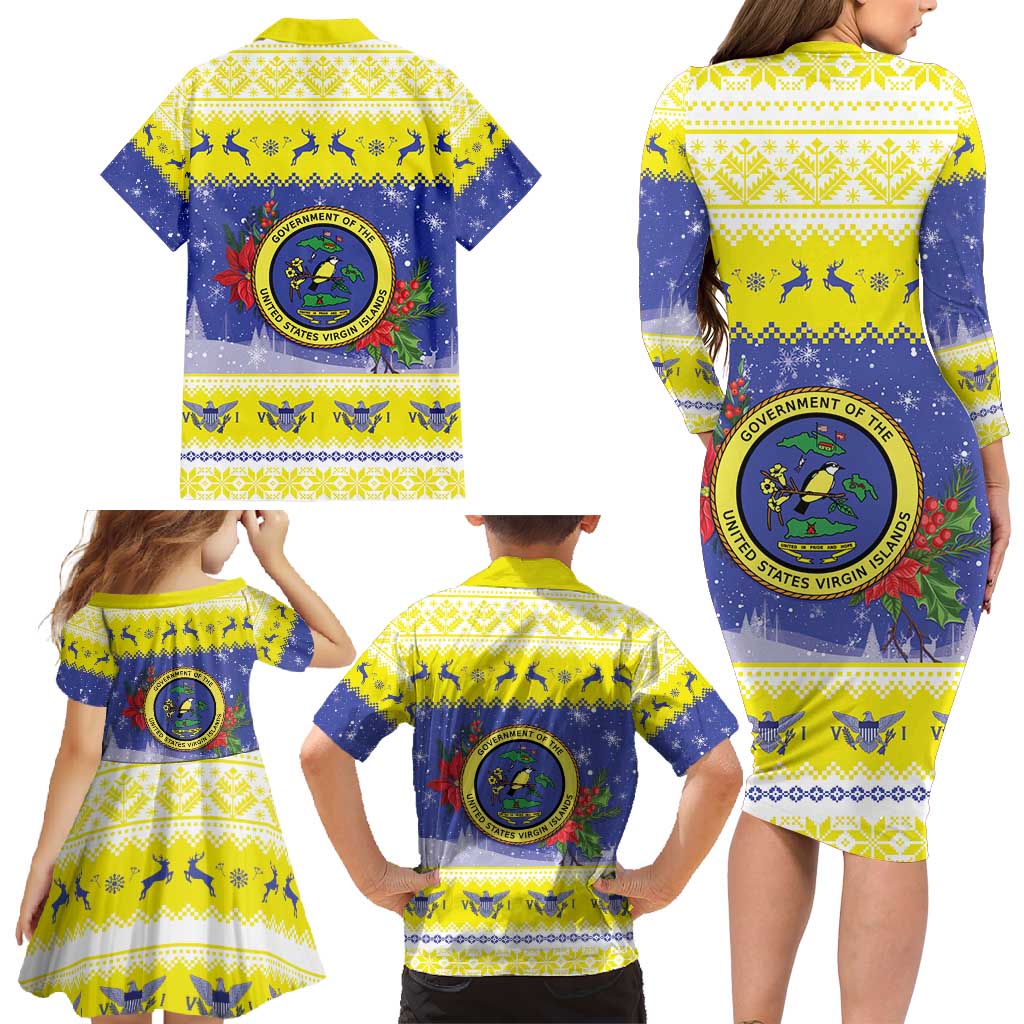United States Virgin Islands Christmas Family Matching Long Sleeve Bodycon Dress and Hawaiian Shirt Coat Of Arms With Poinsettia - Wonder Print Shop