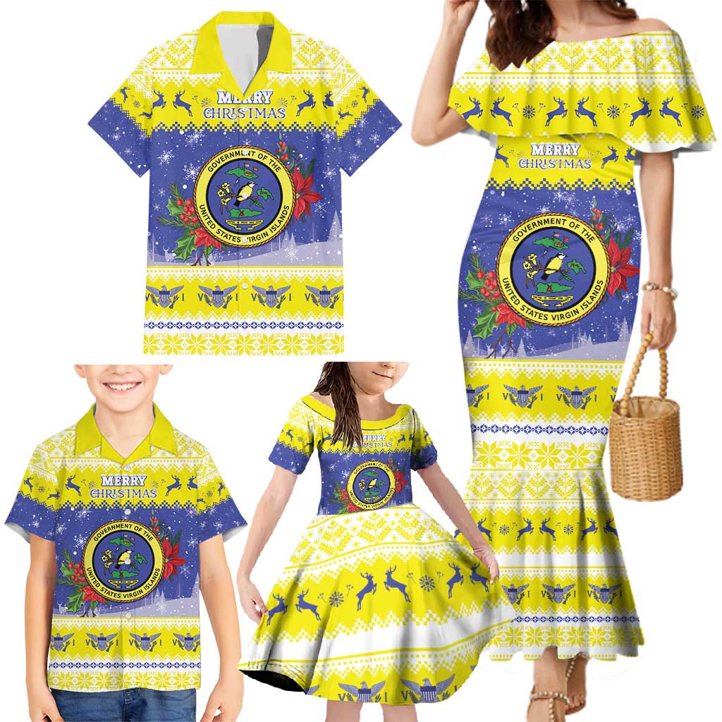 United States Virgin Islands Christmas Family Matching Mermaid Dress and Hawaiian Shirt Coat Of Arms With Poinsettia - Wonder Print Shop