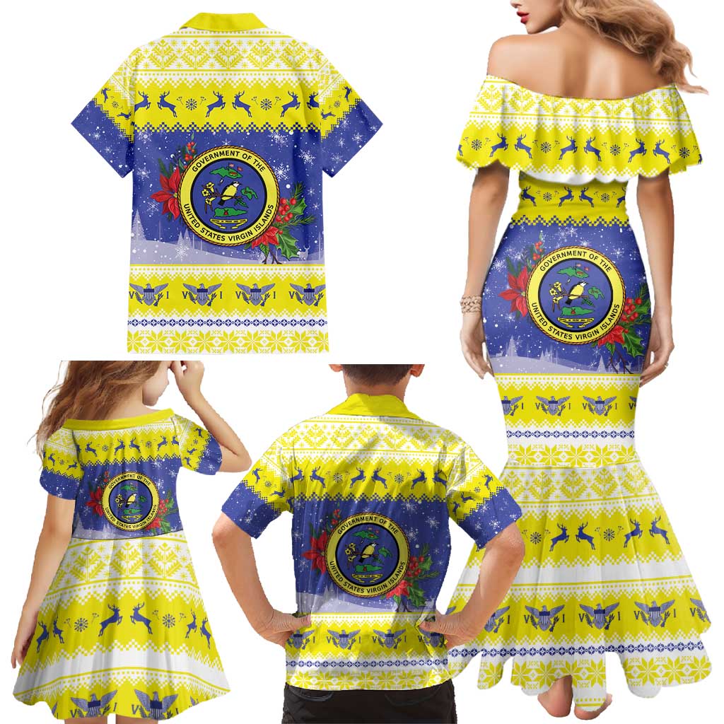 United States Virgin Islands Christmas Family Matching Mermaid Dress and Hawaiian Shirt Coat Of Arms With Poinsettia - Wonder Print Shop