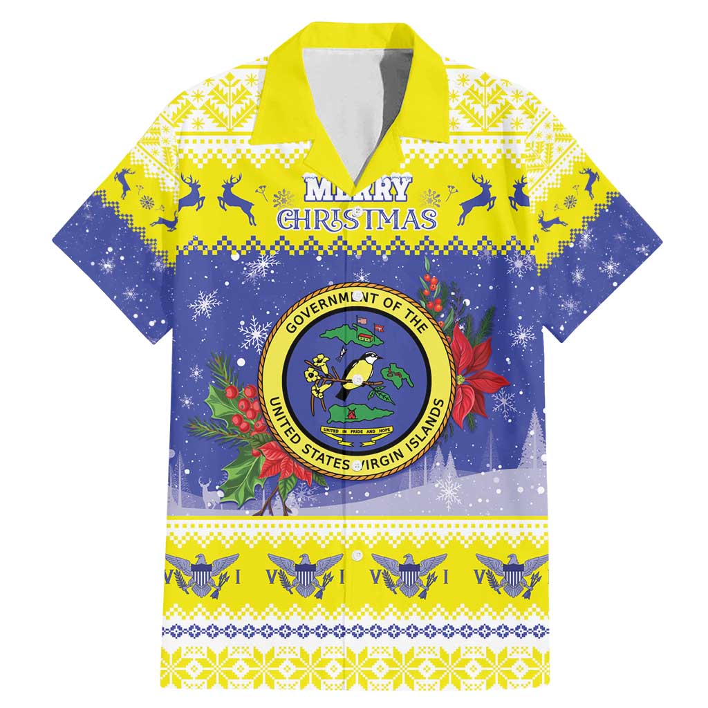 United States Virgin Islands Christmas Family Matching Mermaid Dress and Hawaiian Shirt Coat Of Arms With Poinsettia - Wonder Print Shop