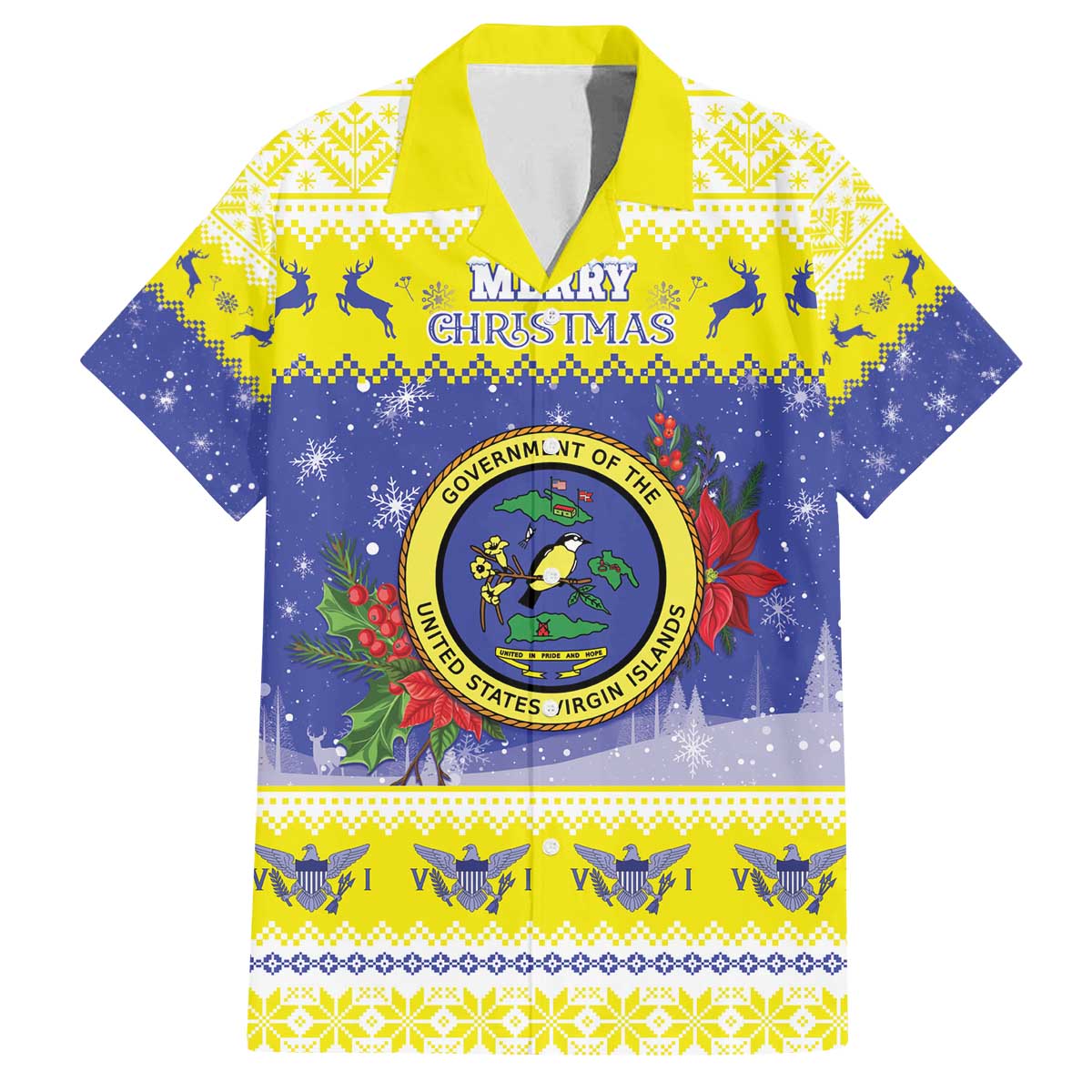United States Virgin Islands Christmas Family Matching Off The Shoulder Long Sleeve Dress and Hawaiian Shirt Coat Of Arms With Poinsettia - Wonder Print Shop