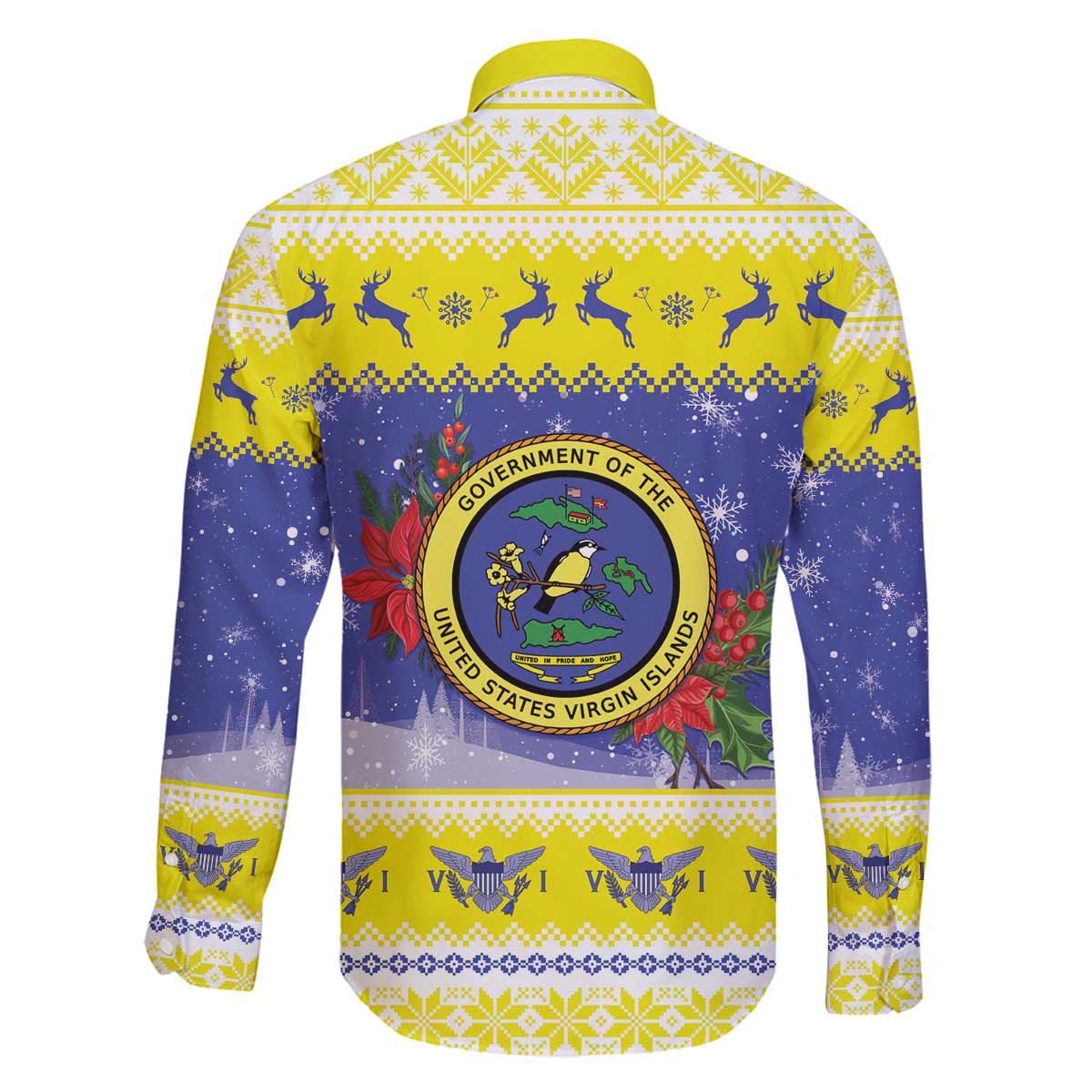 United States Virgin Islands Christmas Family Matching Off The Shoulder Long Sleeve Dress and Hawaiian Shirt Coat Of Arms With Poinsettia - Wonder Print Shop
