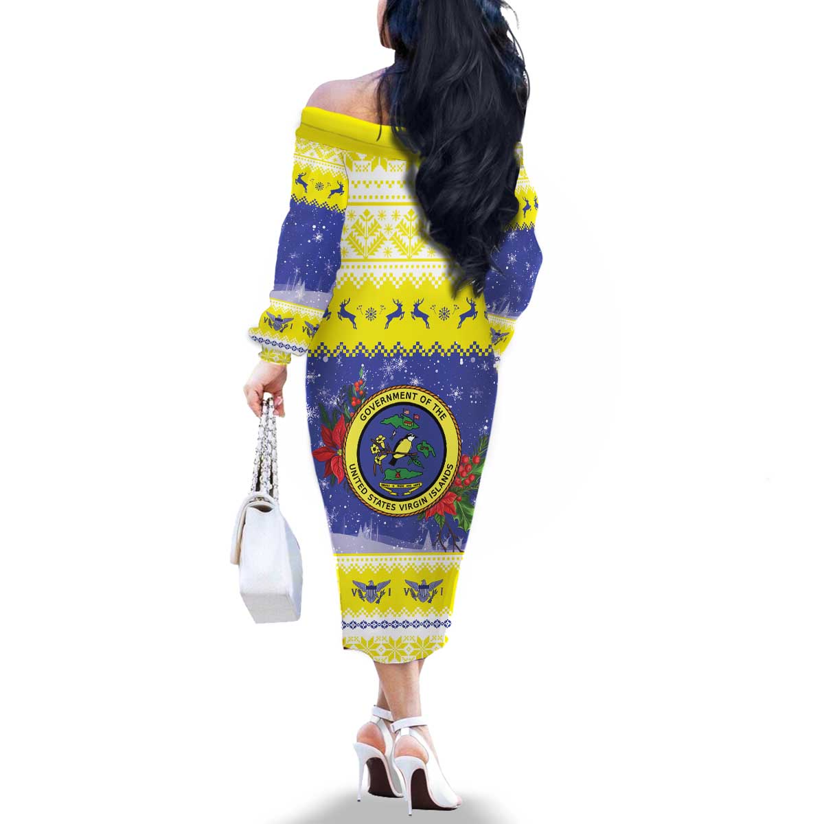 United States Virgin Islands Christmas Family Matching Off The Shoulder Long Sleeve Dress and Hawaiian Shirt Coat Of Arms With Poinsettia - Wonder Print Shop
