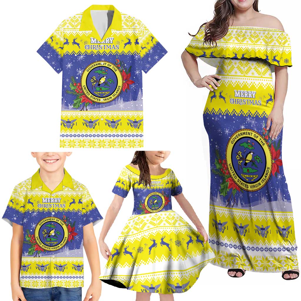 United States Virgin Islands Christmas Family Matching Off Shoulder Maxi Dress and Hawaiian Shirt Coat Of Arms With Poinsettia - Wonder Print Shop